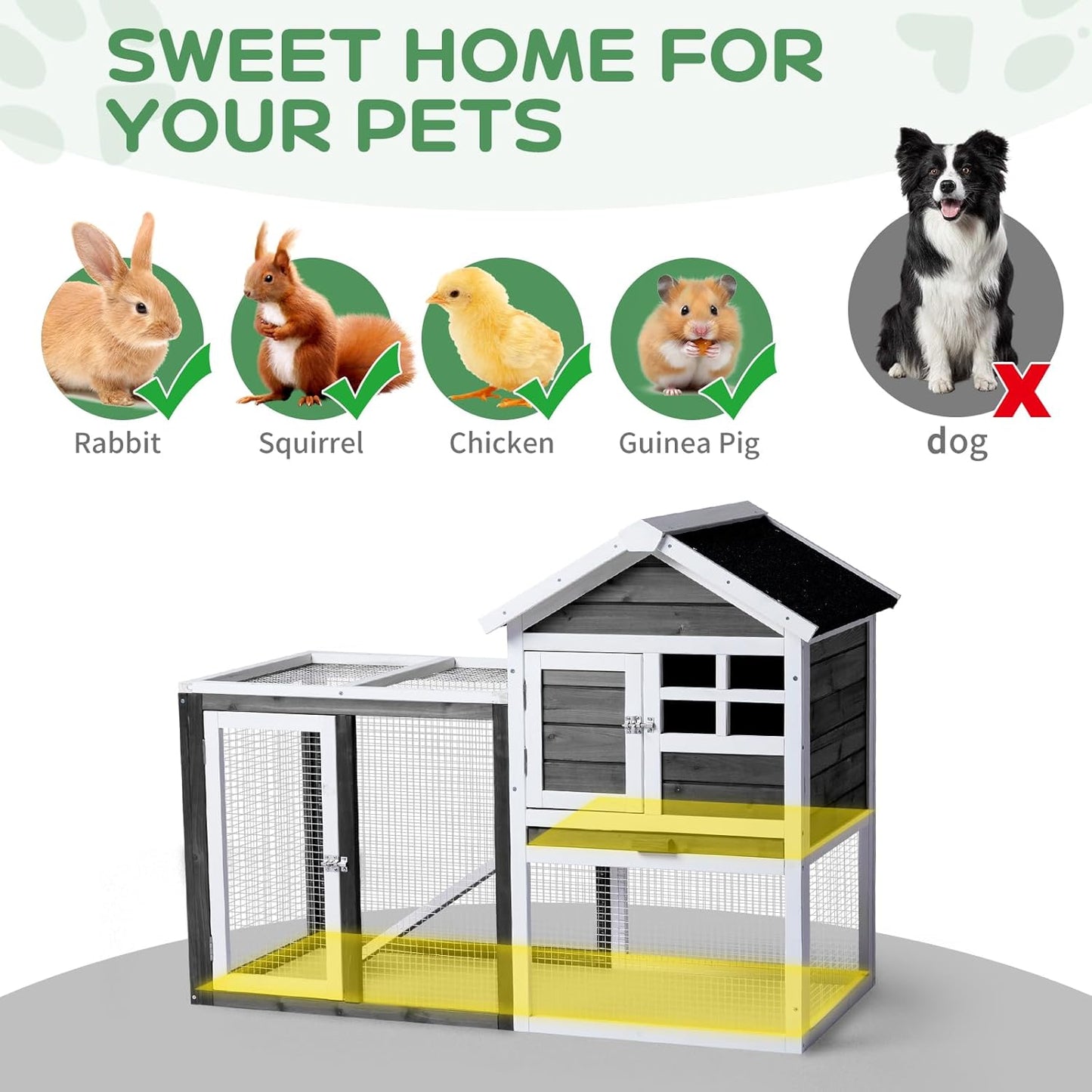 Outvita Rabbit Hutch, Small Wood Chicken Coop, 48" Guinea Pig Cage w/Pull-Out Tray, Waterproof Asphalt Roof, Chicken Run, Interactive Door for Small Animal Pen Outdoor
