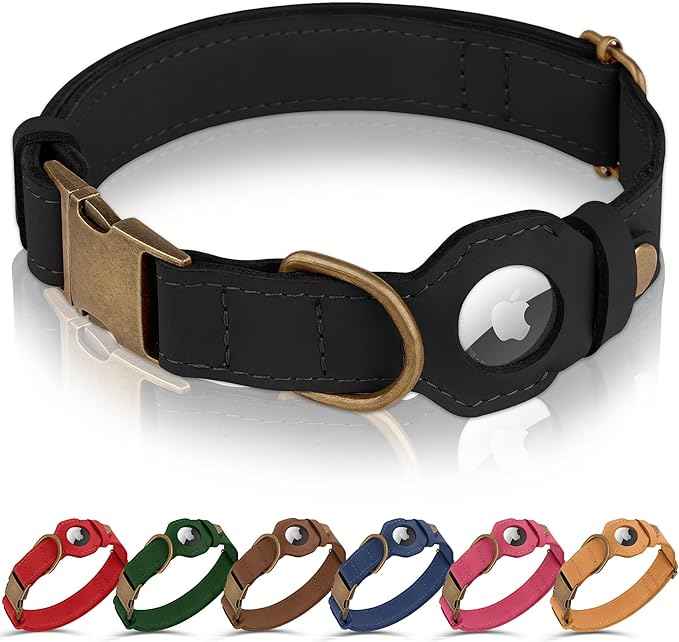 AirTag Dog Collar - Genuine Leather Dog Collar with Apple AirTag Holder and Metal Buckle - Smart GPS Tracking Pet Collars (Black, L, 17"-21" Neck Fit)