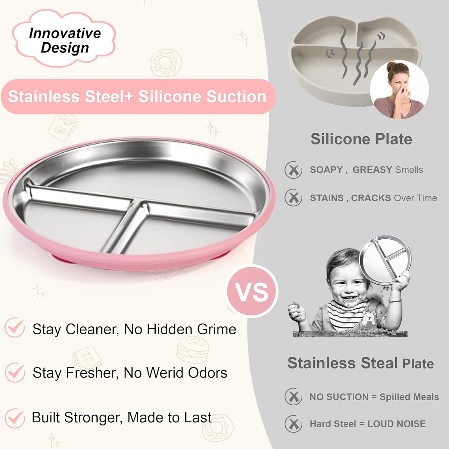 Bella's Friends Stainless Steel Baby Plates with Suction 3 Pack, 9” Divided Toddler Plates with Removable Silicone Sleeves for Mess-Free Feeding, Non-Toxic, Non-Slip, Dishwasher Safe, Green,Blue,Gray