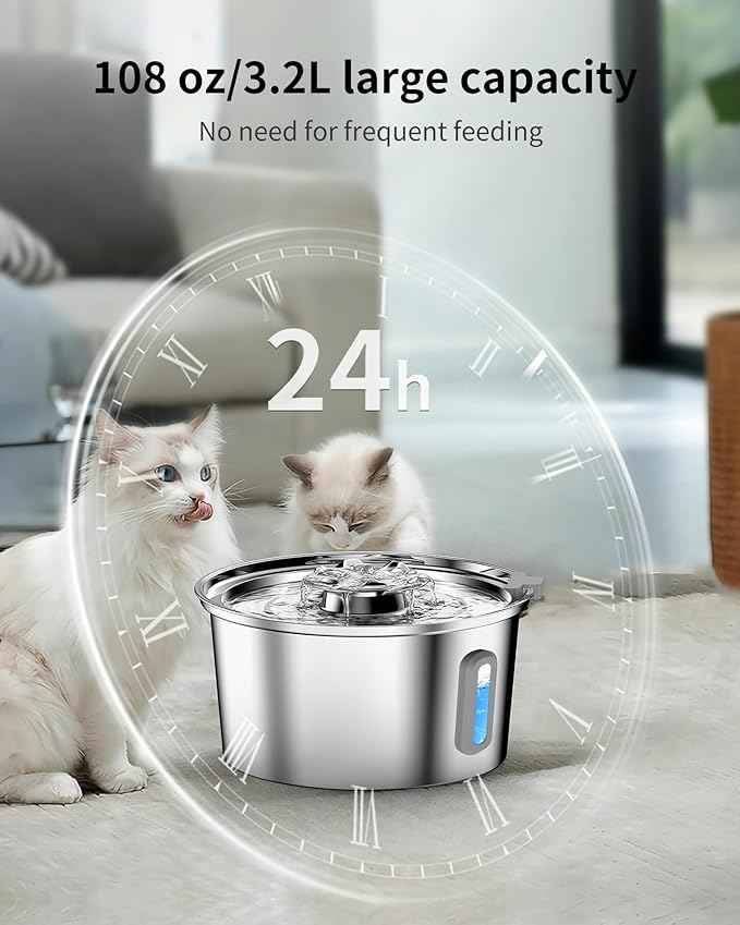 Cat Water Fountain,3.2L/108oz Cat Fountain with Water Level Window,Stainless Steel Pet Water Drinking Fountain for Cats Inside,Quiet Pump for Dogs and Cats(with Water Level Window)