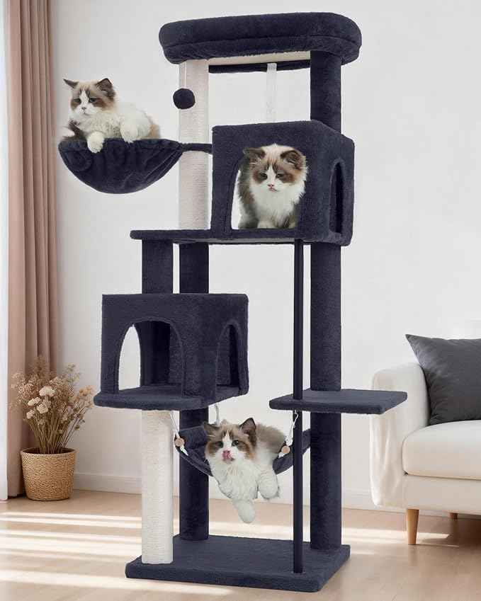 51.2'' Cat Tree Tower, Cat Tower with Scratching Post, Sturdy Steel Pube Cat Tree for Inoor Cats Large Adult, Cat Hammock and Basket, Padding Top Platform, Drak Gray GCT014G