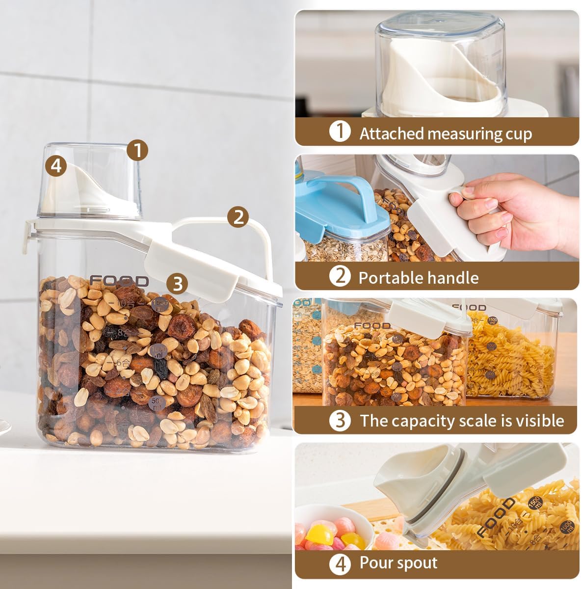 3 Pieces Cereal Containers Storage, 51fl.oz/1.5L Compact Crystal Clear Dry Food Storage Containers with Pouring Spout Measuring Cup for Rice Nuts Beans Pet Food Snacks Candies, 3PCS