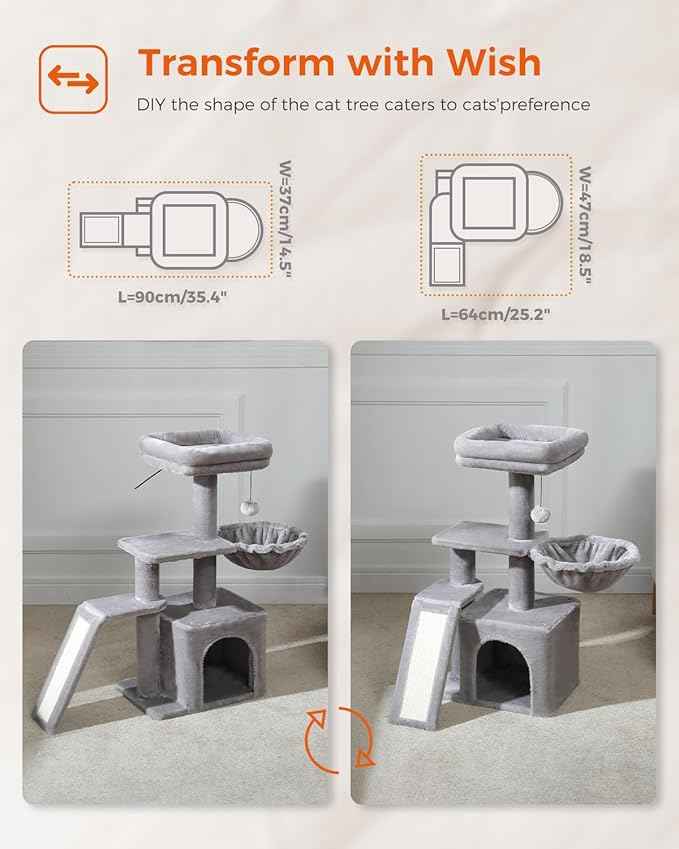 PETEPELA Small Cat Tree for Indoor Cats, 32'' Cute Cat Tower Cat Condo with Sisal Scratching Ramp, Cozy Hammock and Removable Top Bed Perch for Kittens, Grey