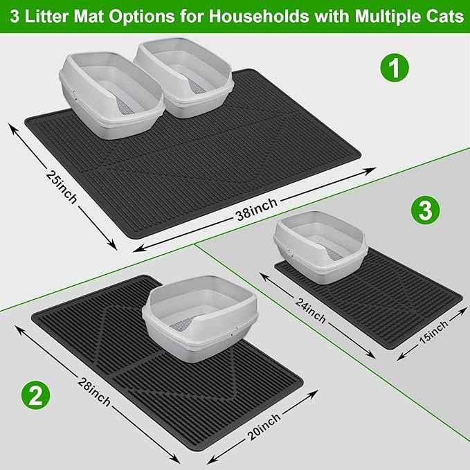 Gosmol Cat Litter Mat XXL 38" x 25" Extra Large Waterproof Trapping Mat with Raised Points, Easy Clean Litter Mat, Non-Slip Silicone Cat Mats for Litter Boxes & Floor-Black