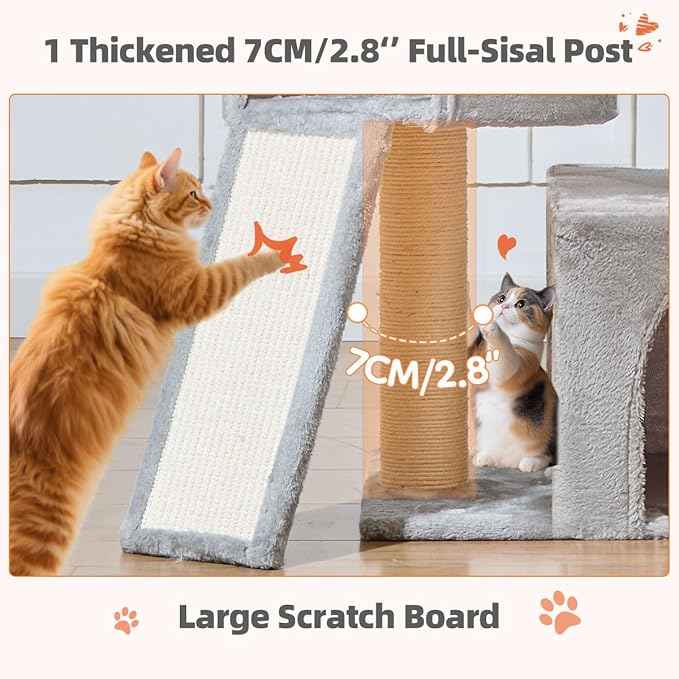 Taoqimiao Cat Tree for Indoor Cats, 55.1In Sturdy Cat Tower, Large Platform, Rotatable Round Condo with Large Scratch Board, Extended Cat House, Thickened Full-Sisal Scratching Post, Light Gray, F10W