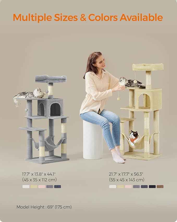 Feandrea Cat Tree, 55.1-Inch Cat Tower, Plush Multi-Level Condo with 4 Scratching Posts, 2 Perches, Hammock, Cave, Beige UPCT161M01