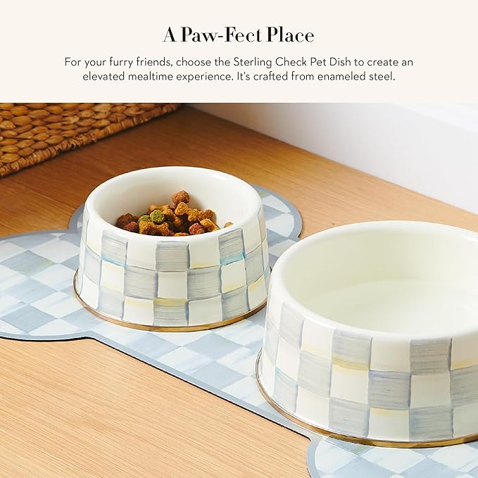 MACKENZIE-CHILDS Pet Bowl, Cute Cat and Dog Bowl for Food and Water, Gray-and-White Sterling Check, Small