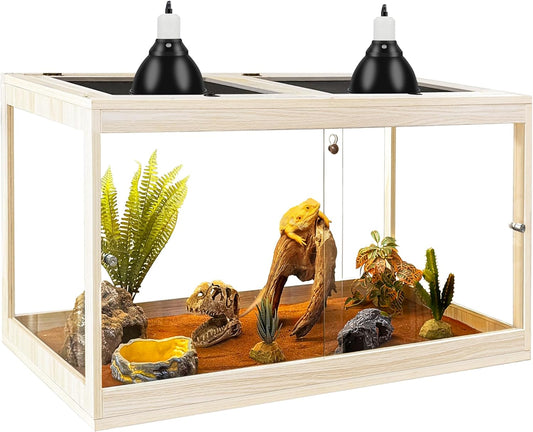 PROLEE Tempered Glass Bearded Dragon Tank,28 Gallon Reptile Tank with Meatl Mesh Roof and Front Sliding Door, Anti-Scratch Lizard Tank,Spacious Reptile Enclosure for Snakes,Lguanas, Chameleons(Oak) - FurryFun