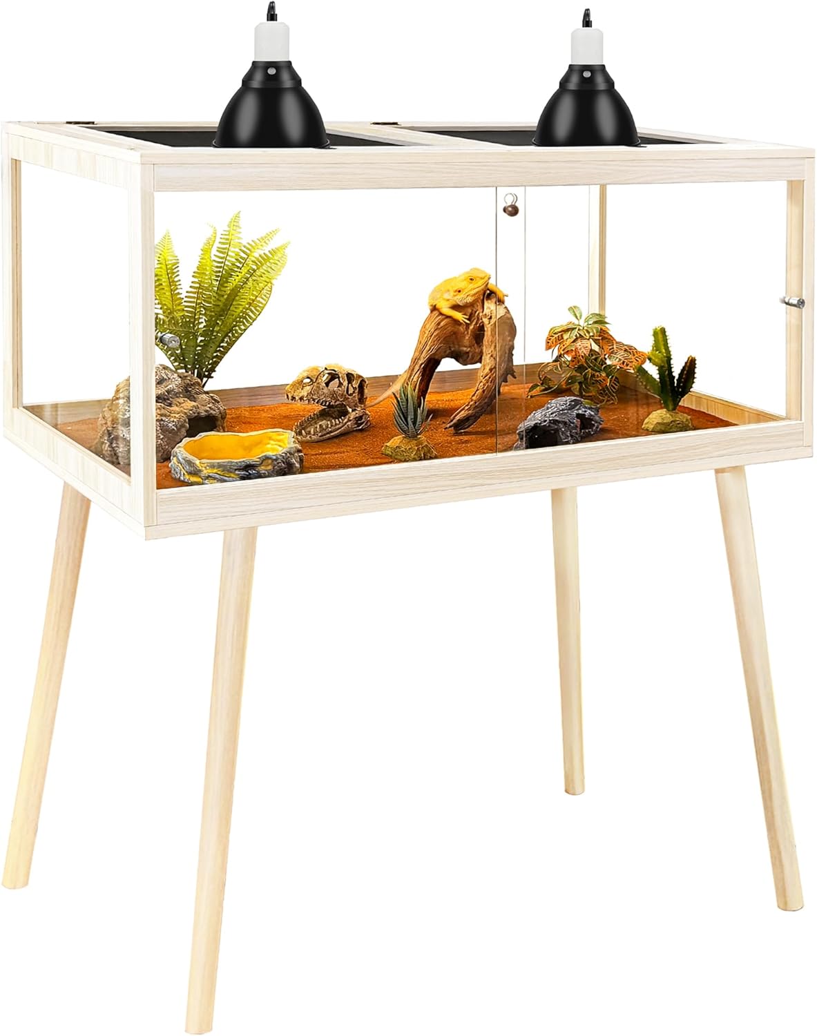 Prolee Tempered Glass Reptile Enclosure with Leg,48“ Scratch-Proof Bearded Dragon Tank,79 Gallon Lizard Tank with Metal Mesh Tops and Lockable Door,Spacious Reptile Habitat for Snake,Lizard (Oak) - FurryFun
