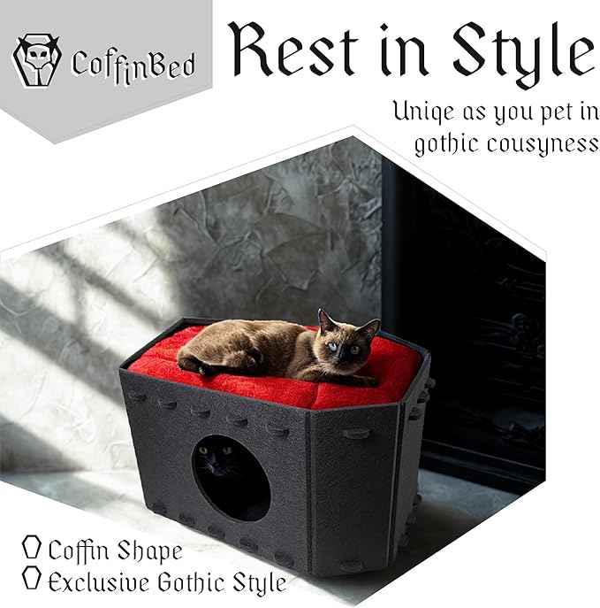 Gothic Cat Bed for Indoor Cats or Pets, Foldable as Halloween Cat House with Soft Cushion for Goth Bed, Gothic Cat House, Coffin Shape Cat Cave Bed, Black and Red Color Halloween Cat Bed