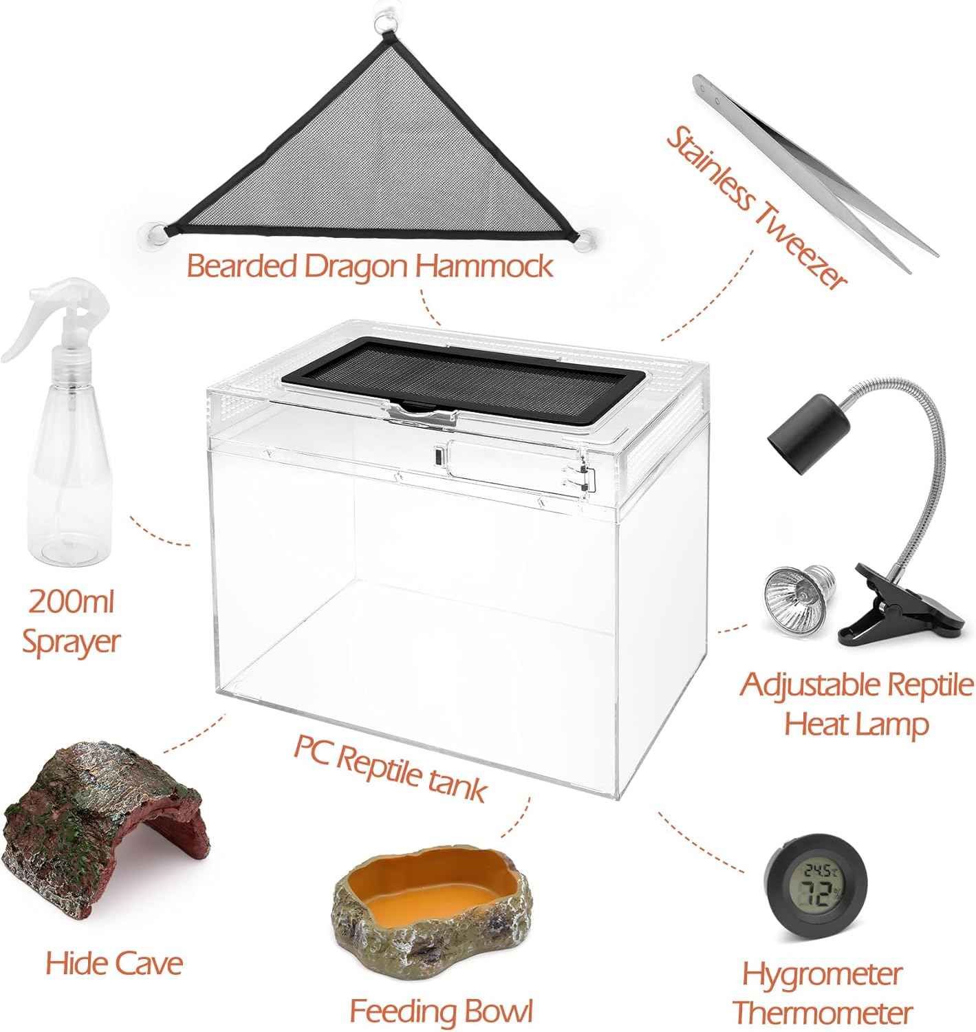 AZV Habitat Terrarium Enclosure,Small Reptile Tank with Bearded Dragon Hammock,Heat Lamp,Hide Cave for Small Reptiles,Amphibians,Lizard,Mantis,Spider,Leopard Gecko,Corn Snake,Turtle,Frog,Chameleons