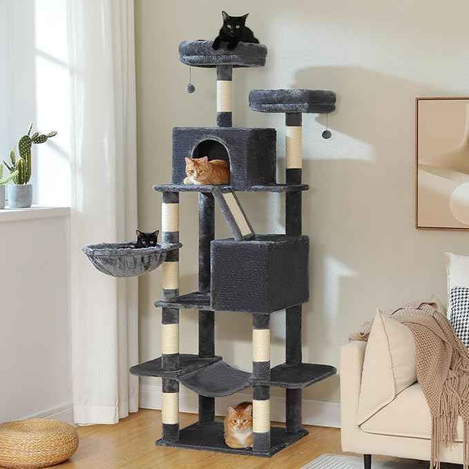 70.8" Tall Cat Tree for Large Cats, Multi-Level Cat Tower with 8 Sisal Scratching Posts, 2 Top Perches, Big Condo, Large Hammock, and Cat Furniture for Indoor Cats, Dark Gray