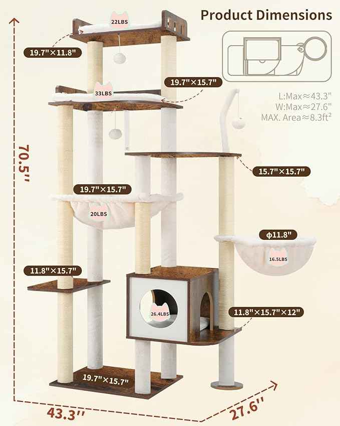 Heybly Cat Tree, 70.5 Inch Wood Tall Cat Tower for Large Indoor Cats with Extra Stable Structure, Modern Cat Furniture with All-Sisal Scratching Posts, Cat Condo & Hammocks, Rustic Brown HCT121SR