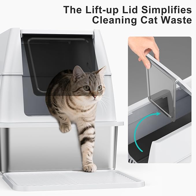 Stainless Steel Litter Box with Lid, XL Extra Large Metal Cat Litter Boxes for Big Cats Enclosed, Easy to Scoop with Scoop Set, High Sides Enclosure Anti-Urine Leakage Non-Sticky