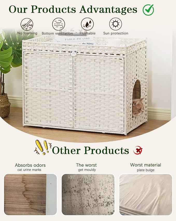 Cat Litter Box Enclosure Furniture, Handwoven Rattan Hidden Litter Box with Mat, Large Space Cat House with 2 S-Shaped Hooks 30.3 x 18.3 x 24.4 Inches, Indoor for Living Room Apartment White