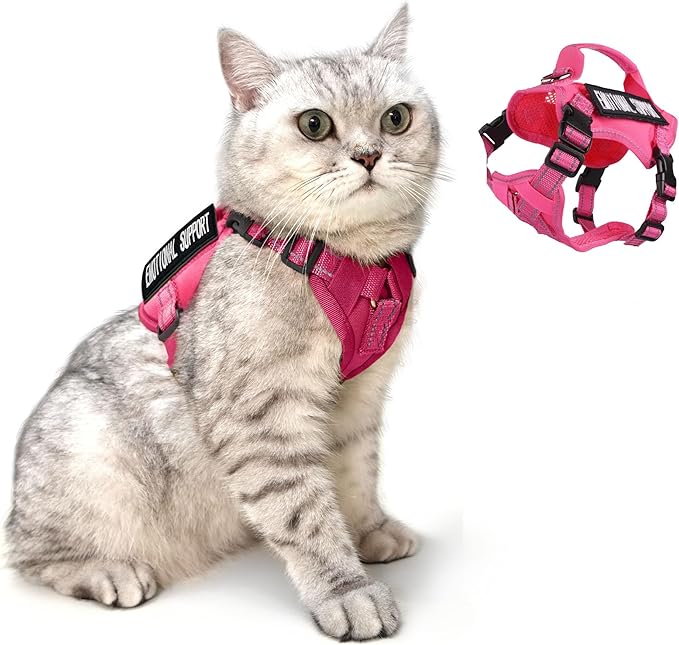 Tactical Cat Harness Pink for Walking Esacpe Proof,Adjustable Soft Mesh Large Cat Vest with Rubber Handle Easy to Control,Molle Patches XL
