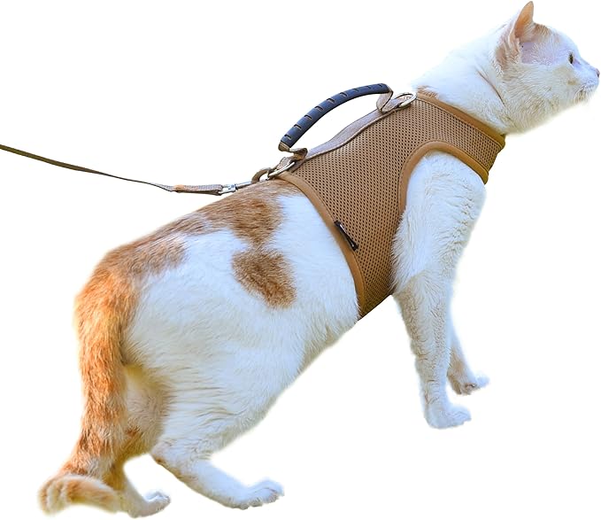 Cat Harness and Leash for Walking Escape Proof Breathable Mesh Fabric, Solid Brown, Medium, Adjustable Cat Walking Jackets with Handle, Padded Stylish Cat Vest