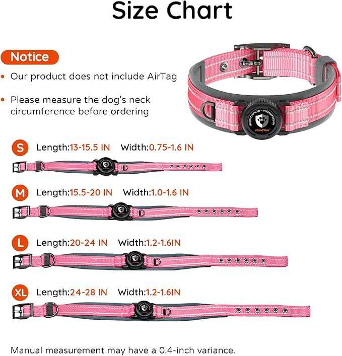 Upgraded AirTag Dog Collar with Holder, Waterproof Reflective Air Tag Dog Collar with widened Comfortable Padding & Ultra-Durable Metal Buckle, Adjustable for eXtra Large Dogs (XL, Rose Red)