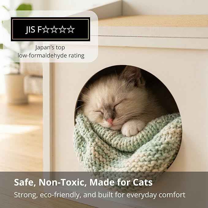Meowdium Cat House – Cat Condo with Cardboard Scratcher, Scratching Post, Bed & Toy Storage, Cozy Cat Furniture & Accessories for Indoor Cats, White