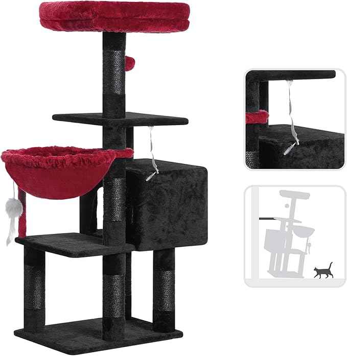Heybly Cat Tree with Toy, Cat Tower Condo for Indoor Cats, Cat House with Padded Plush Perch, Cozy Hammock and Sisal Scratching Posts, Black and Red HCT004SBR
