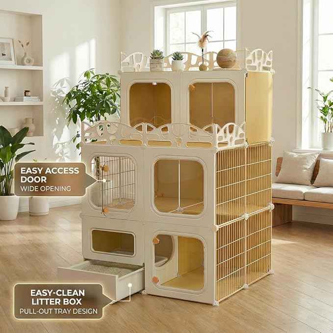 Cat Cage with Built-in Litter Box & Interactive Platform, Top Storage Shelf, Cat Cage Indoor & Outdoor Use, Expandable Cat Playpen