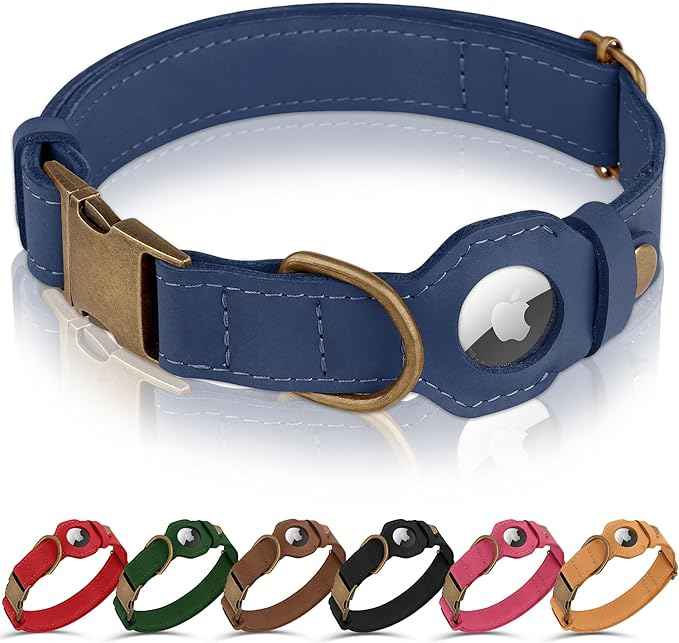 AirTag Dog Collar - Genuine Leather Dog Collar with Apple AirTag Holder and Metal Buckle - Smart GPS Tracking Pet Collars (Smoky Blue, L, 17"-21" Neck Fit)