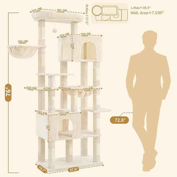 Heybly Cat Tree, 76-Inch Tall Heavy Duty Cat Tower for Big Cats with Extra Wide Baseboard, Multi-Level Large Cat Furniture with 2 Condos & 2 Hammocks, 10 Scratching Posts, Beige HCT039M
