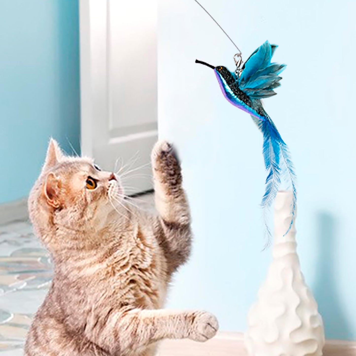JXFUKAL Cat Feather Toy Refills, 6Pcs Simulation Bird Mouse Bee Worm Feather Cat Lures Wand Attachment Replacement for Kitty Kitten Indoor Cats Accessories