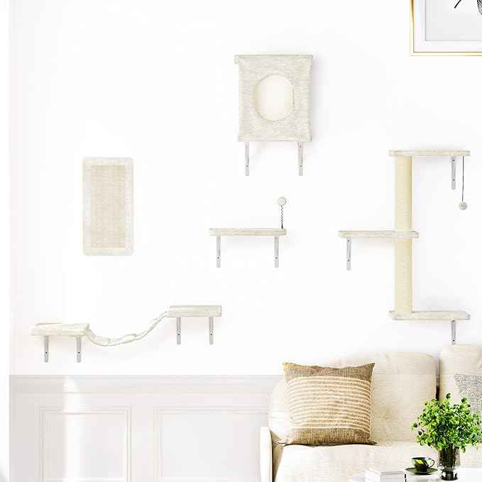 NUNU LAB Cat Wall Shelves, 5Pc Wall Mounted Cat Climber, Floating Perch, Bridge,Tree, House, Modern Indoor Furniture for Kitten - Beige