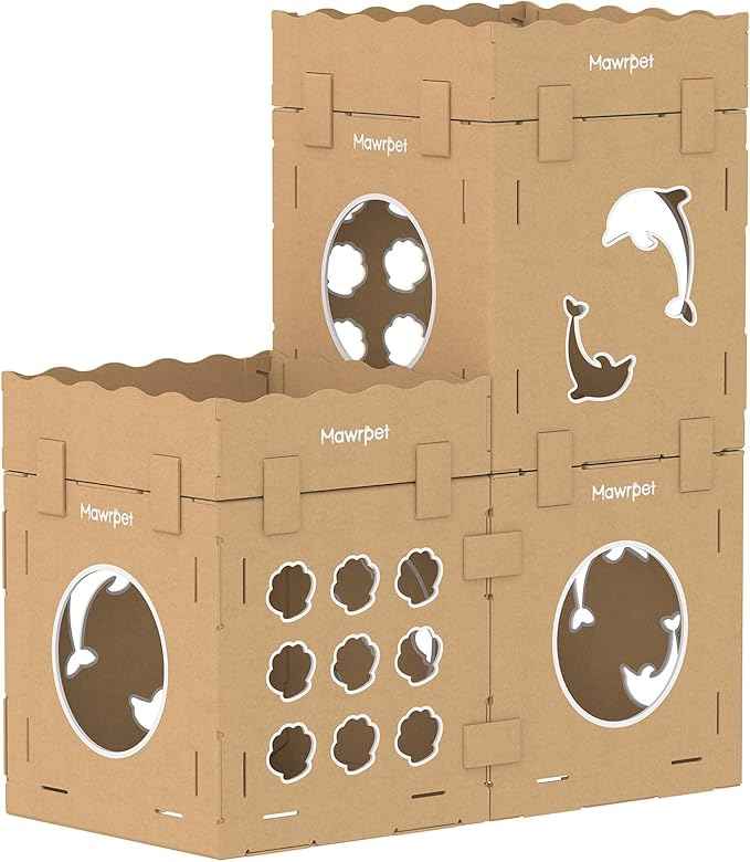 DIY Cat House with Scratcher Cardboard, Condo with Scratching Pads,Cats Play House, DIY Modular Cat Boxes, Indoor Kitty Scratcher Hideout for One or More Cats, Cat Tower Castle Tunnel, 5 Parts