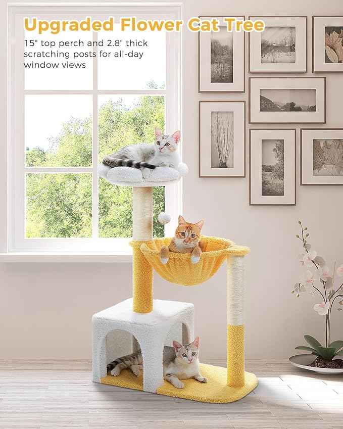 Cute Cat Tree with Flower Top Bed - Cloud Scratching Posts, 35" Small Cat Tower with Large Metal Frame Hammock for Indoor Cats, White Cat Condo for Kittens, Yellow