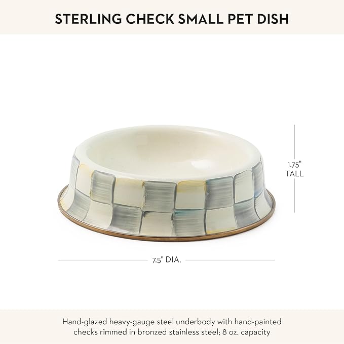 MACKENZIE-CHILDS Pet Bowl, Cute Cat and Dog Bowl for Food and Water, Gray-and-White Sterling Check, Small