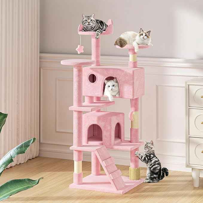 MoNiBloom 54 Inch Cat Tree Tower for Indoor Cats Large Adults, Pink Cat Tower with Scratching Post, Multi-Level Furniture Activity Center with Cat Condo Pet Play House, Soft Pink