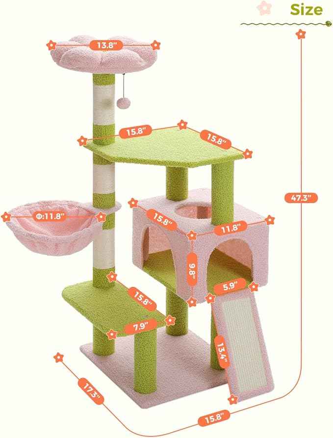 Flower Cat Tree 47.2" Multi-Level Cat Tower with Sisal Covered Scratching Posts, Cute Cat Condo for Indoor Small Medium Cats, Pink Top Perch, Fluffy Ball, Pink