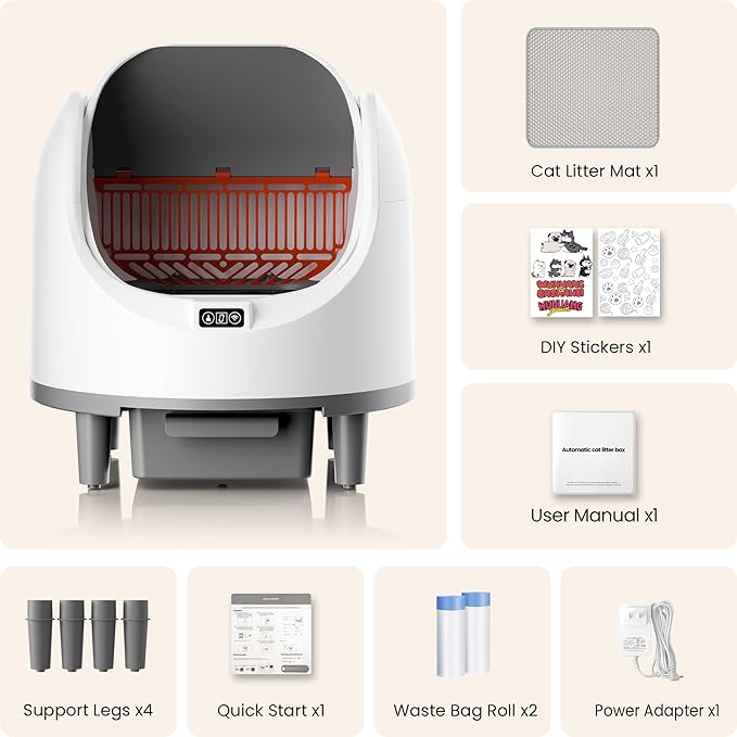 Bashaw Self Cleaning Litter Box, Large Capacity Automatic Litter Box for Multiple Cats, App Control, Safety Sensors, 2 Rolls of Garbage Bags (White)
