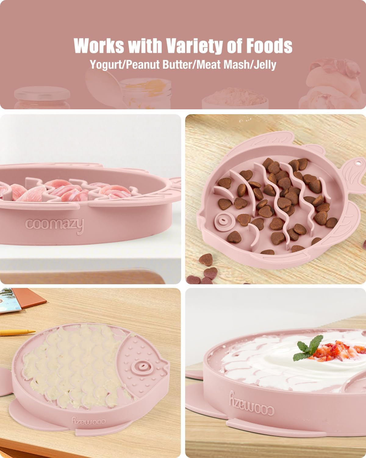 Coomazy 2-in-1 Silicone Slow Feeder Dog Cat Bowls, Lick Mat Interactive Puzzle Toy for Pets Dry/Wet Food Training, Keeps Dogs Cats Busy, Prevents Puppy Kitty Overeating (Pink, 1.2 Cup)