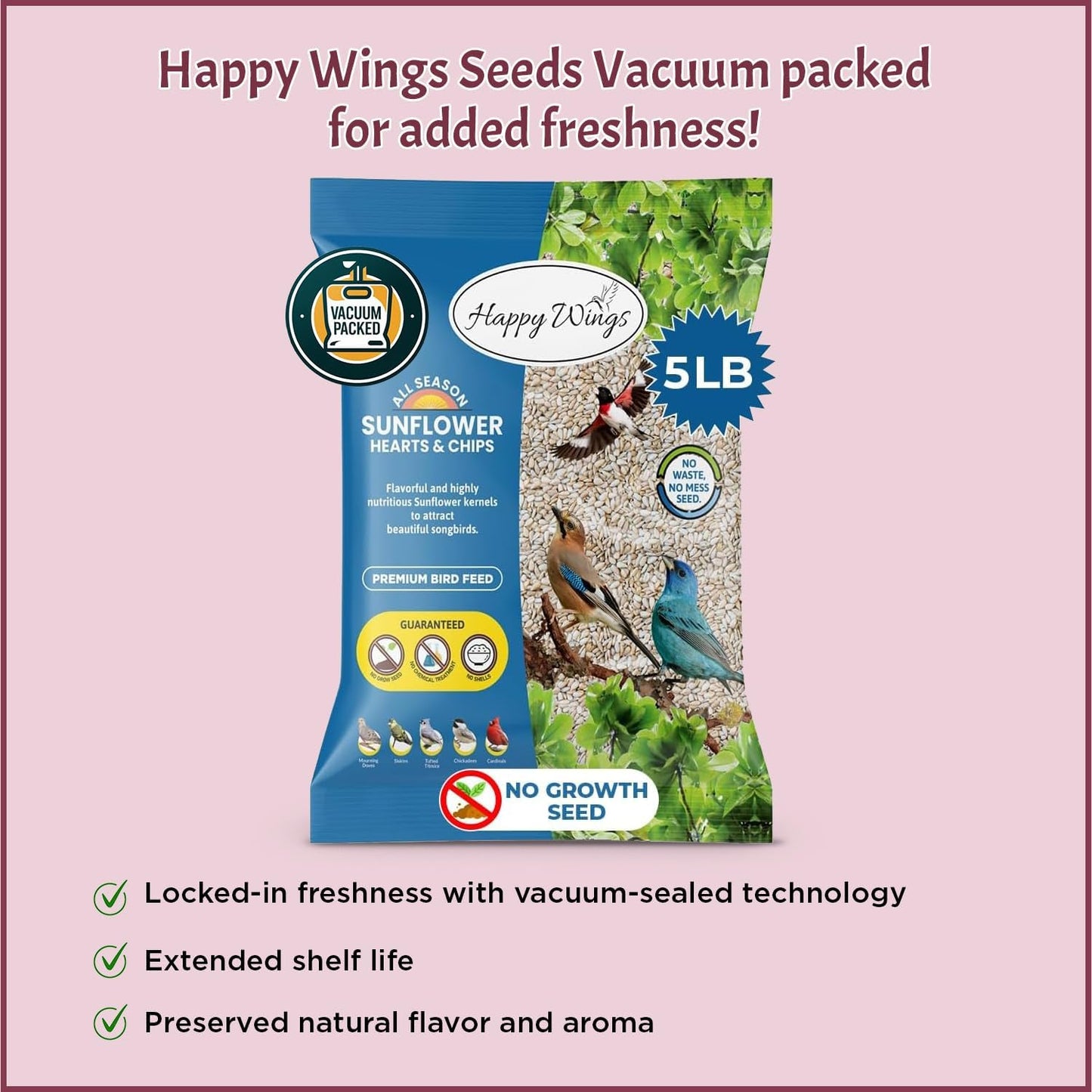Sunflower Hearts & Chips - Sunflower Kernels and Chips Bird Food - 5 Lb No Mess, No Waste I No Grow Seed | Bird Seed for Wild Birds