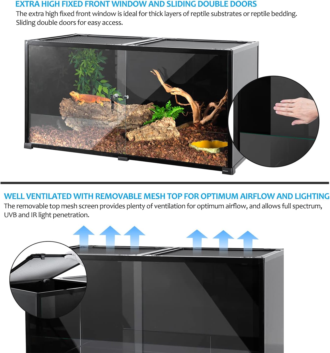 REPTIZOO Large 120 Gallon Reptile Terrarium, Reptile Tank 48" x 24" x 24" Black-Tinted Eco-Terrarium - FurryFun