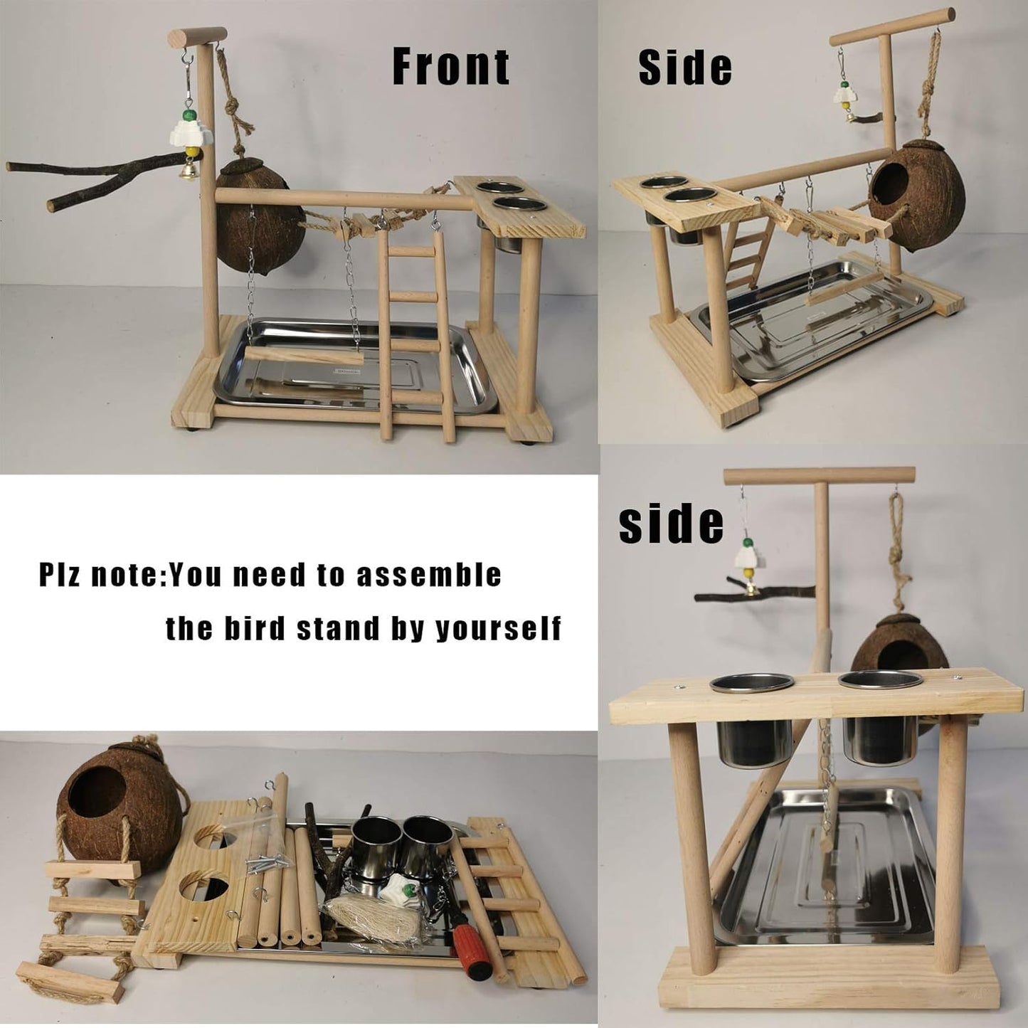 Parakeet Playground Bird Play Stand Natural Wood Perch Gym Parrots Nest Climb Swing Ladders with Feeder Cups Lovebirds Cage Accessories Toy Exercise Activity for Conure Cockatiel Lovebirds