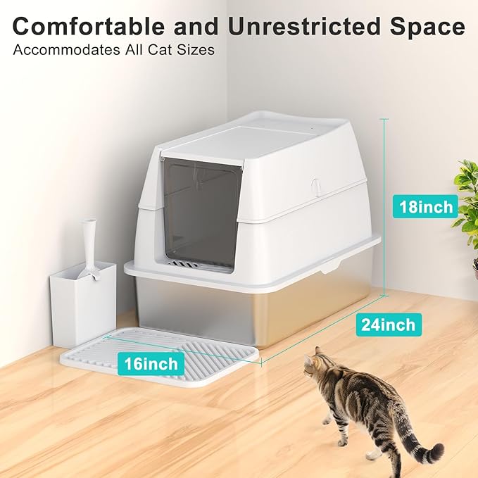 Stainless Steel Litter Box with Lid, XL Extra Large Metal Cat Litter Boxes for Big Cats Enclosed, Easy to Scoop with Scoop Set, High Sides Enclosure Anti-Urine Leakage Non-Sticky