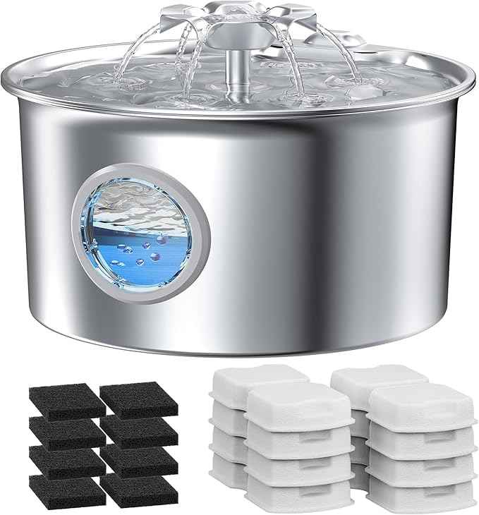 Cat Water Fountain Stainless Steel - 88oz/2.6L Pet Drinking Fountain for Cats Indoor with 8 Filters - Automatic Cat Watering Dispenser Bowl with Water Level Window - Quiet for Cats & Dogs Owners