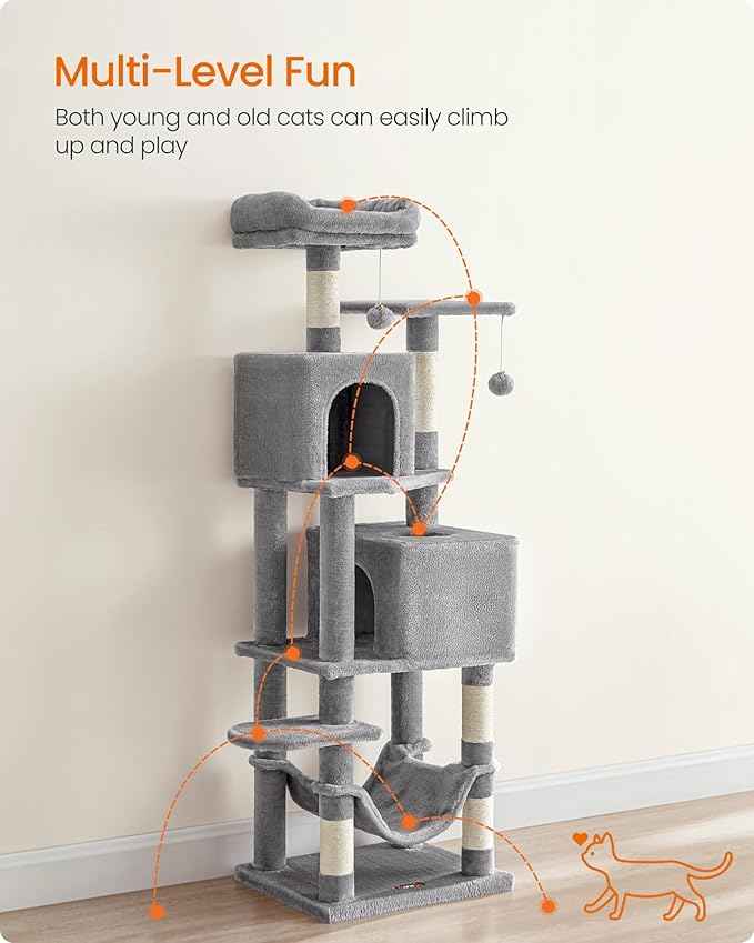 Feandrea Cat Tree, 59.5-Inch Tall Cat Tower, Plush Multi-Level Condo with 5 Scratching Posts, 2 Perches, 2 Caves, Hammock, 2 Pompoms, Light Gray UPCT192W01