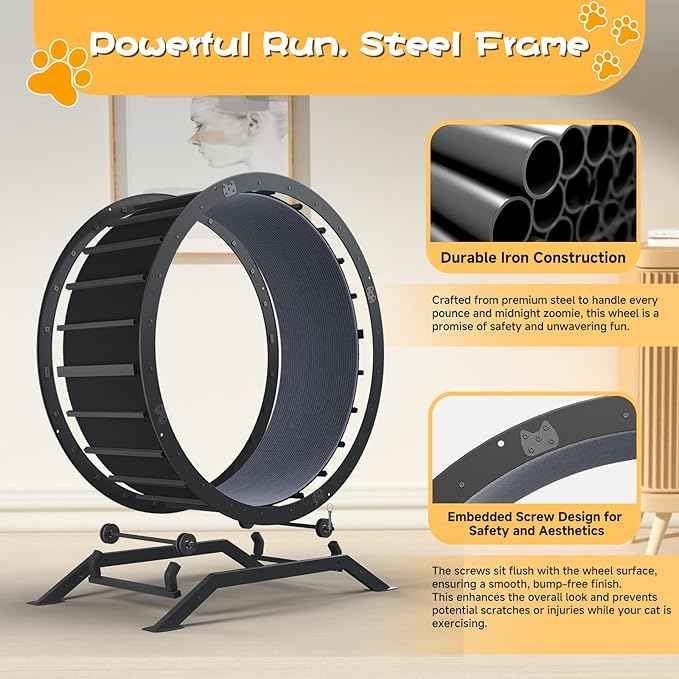 GTPLAYER Cat Wheels, Large Cat Exercise Wheel for Indoor Cats, 40"Diameter cat treadmill Detachable Carpet & Teaser, stickers, Ultra-quiet scroll wheel With latch, Suitable for Most Cats, Metal, Gray