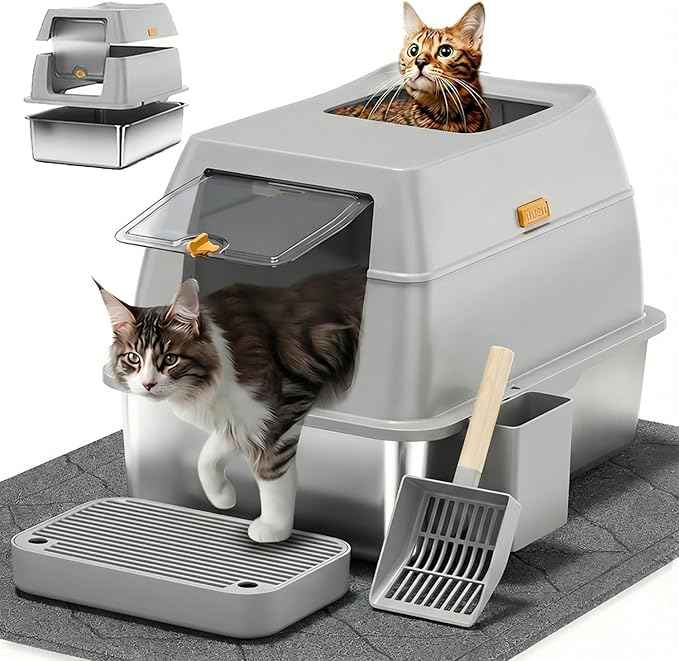 Stainless Steel Litter Box with Lid,Front Entry Top Exit Kitty LitterBox,Extra Large Enclosed Metal Cat Box with Litter Scoop & Litter Mat-Light Gray