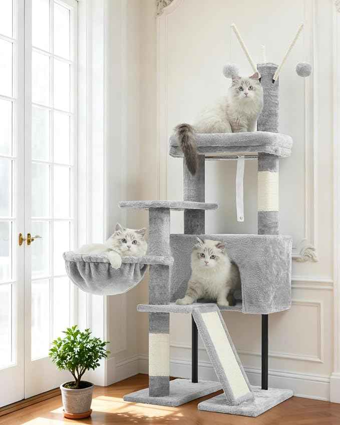 Cat Tree for Indoor Cats, Cat Tower with Scratching Post for Small Cats and Kittens, Cat House with Removable Top Platform and Fluffy Balls, Hanging Cat Basket, Light Gray GCT006SW