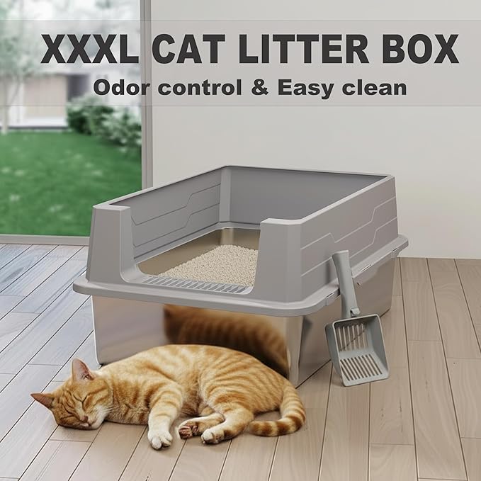 Stainless Steel Sifting Litter Box with Lid, Metal Litter Pan with Scoop for Big Cats Multi Cat, Extra Large Cats Litterbox Odor Control Easy Clean