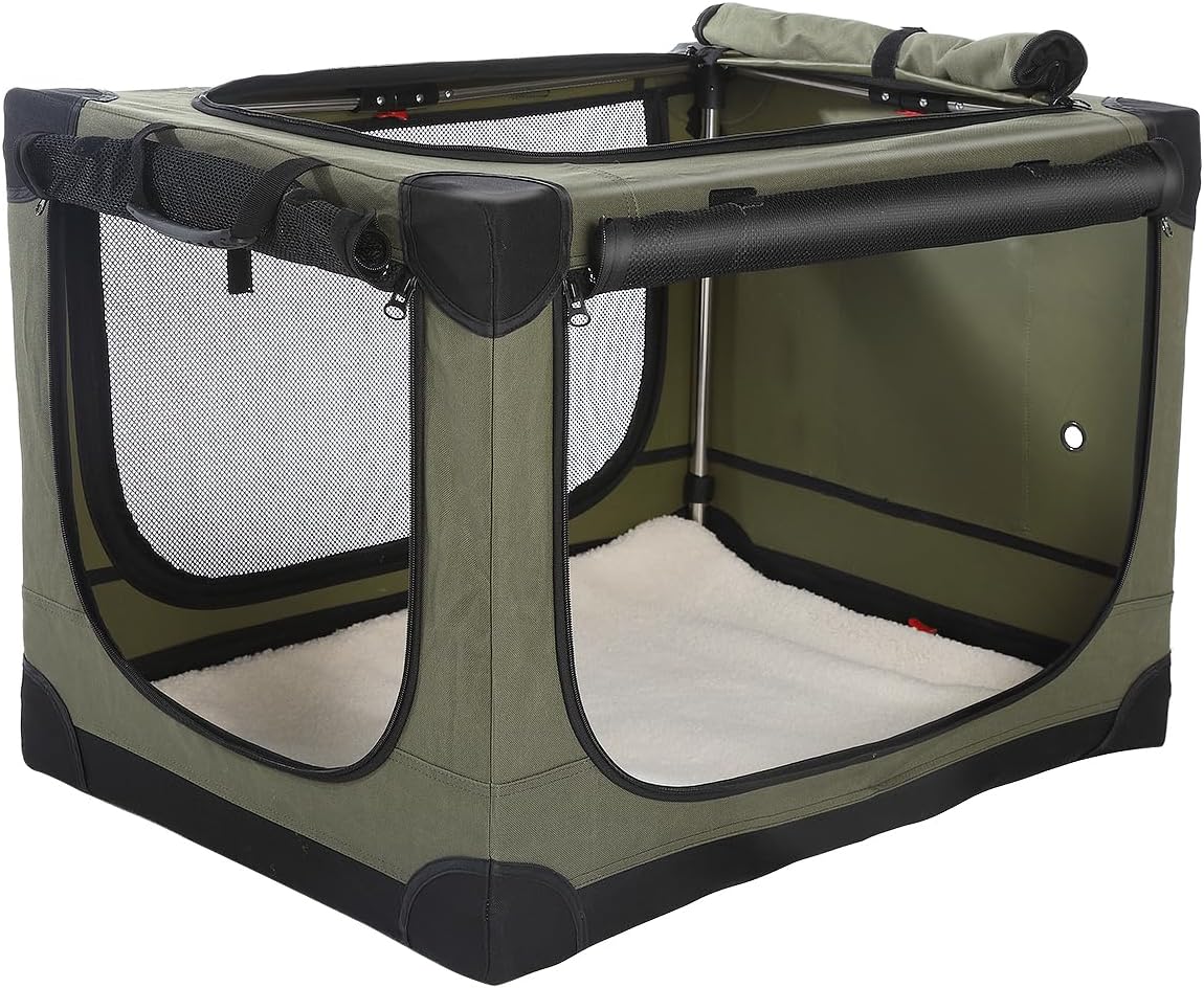 24-Inch Collapsible Travel Dog Crate, Portable 4-Door Soft Kennel for Medium to Large Dogs, Durable Mesh Windows, Indoor/Outdoor Use, Foldable, with Storage Bag (Green)