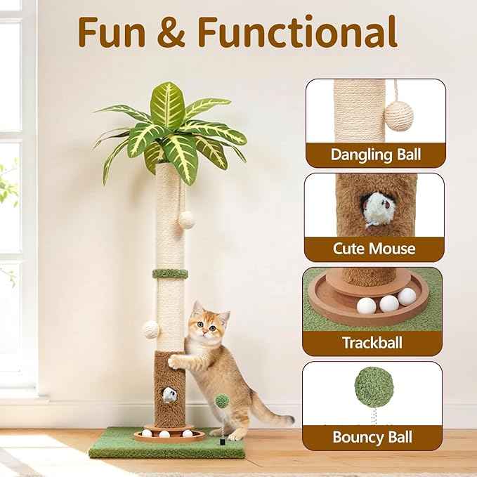 Tall Cat Scratching Post Vertical Pole for Indoor, 35" Palm Tree Sisal Scratch Post for Large Cats Kittens, Heavy Duty Wooden Carpet Pole with Ball Track Leaves, Furniture Protection