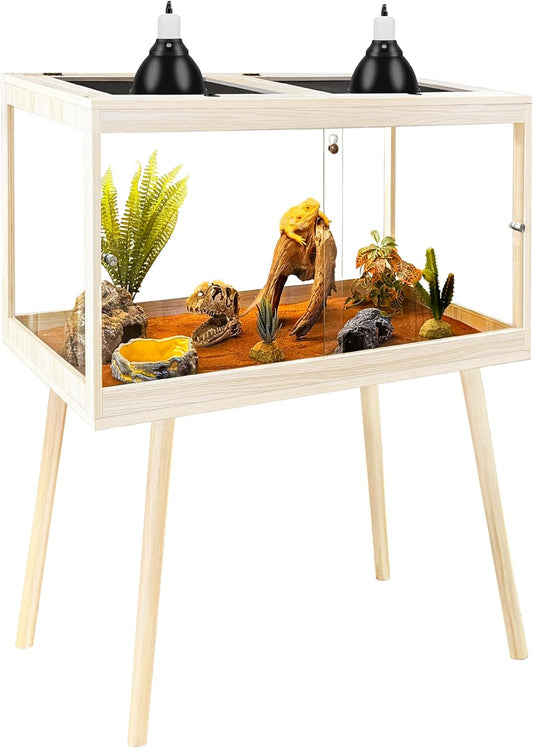 PROLEE Tempered Glass Reptile Enclosure with Leg,24“ Scratch-Proof Bearded Dragon Tank,28 Gallon Lizard Tank with Metal Mesh Tops and Lockable Door,Spacious Reptile Habitat for Snake,Lizard (Oak) - FurryFun