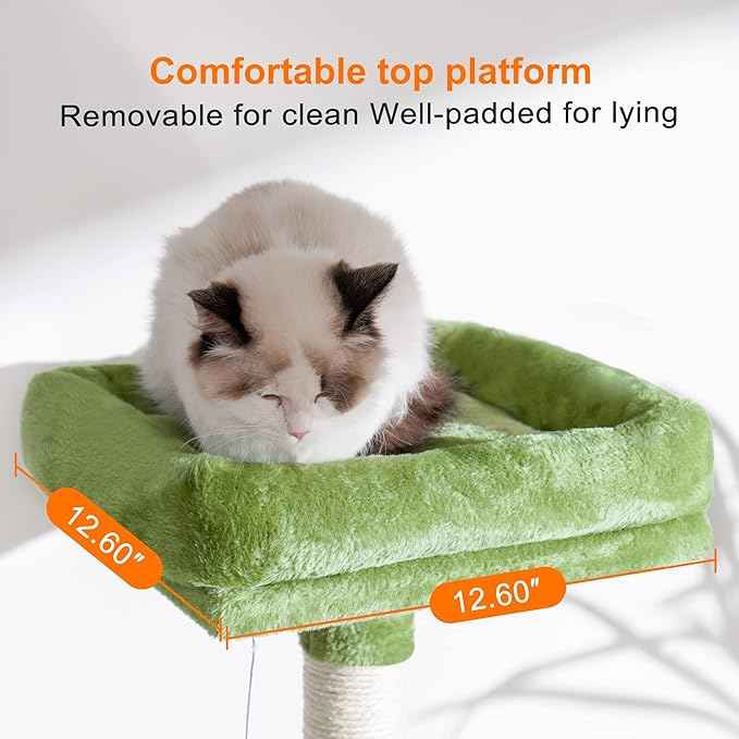Heybly Cat Tree with Toy, Cat Tower Condo for Indoor Cats, Cat House with Padded Plush Perch, Cozy Hammock and Sisal Scratching Posts, Green HCT004GR